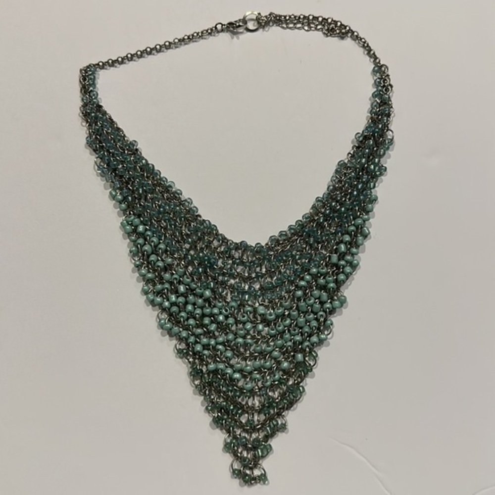 Vintage Robin egg blue beaded chain mail silver toned statement necklace - Picture 4 of 6